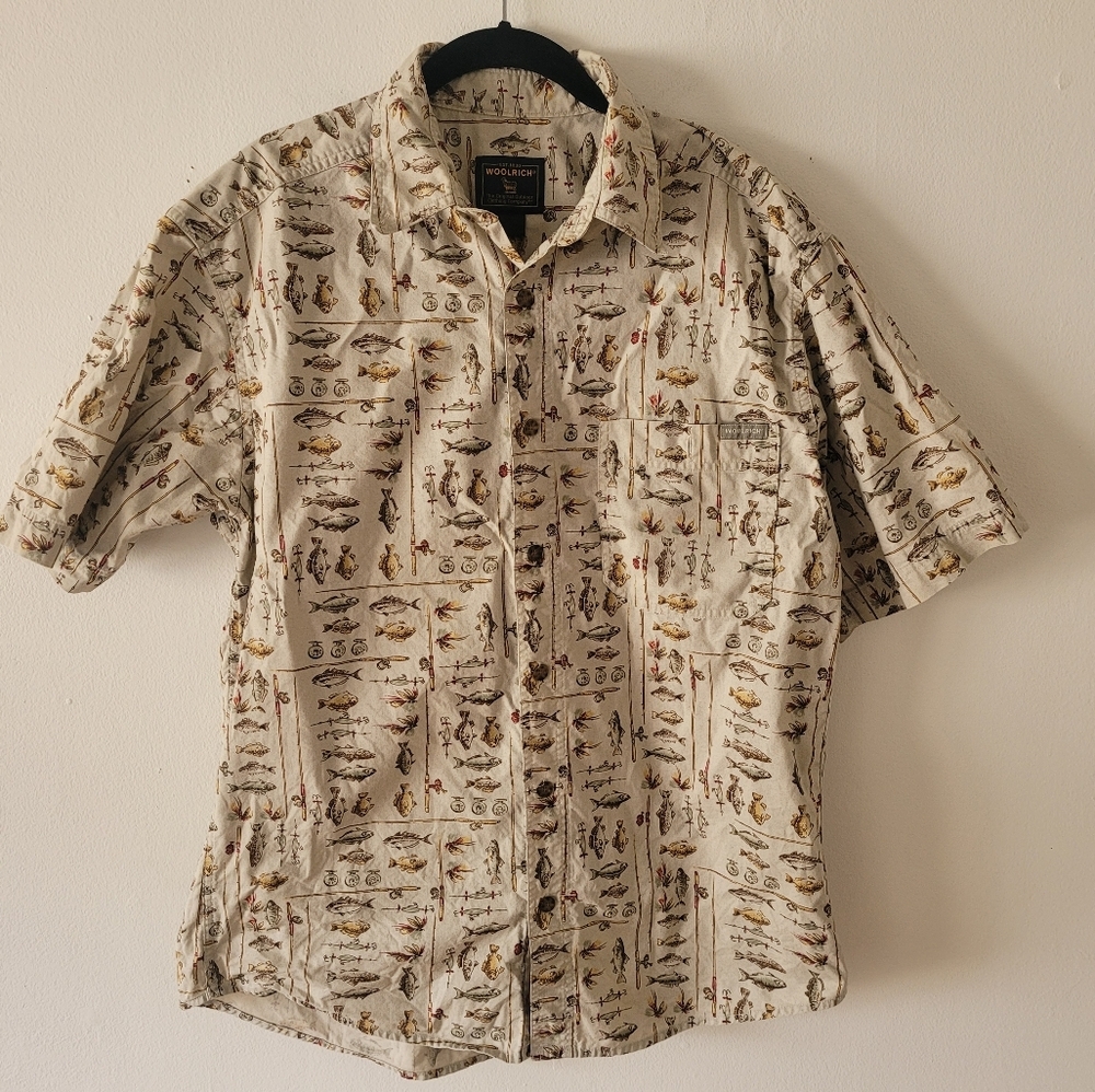 Woolrich Vintage Fly Fishing All Over Print Short Sleeve‎ Button Down Tan Medium